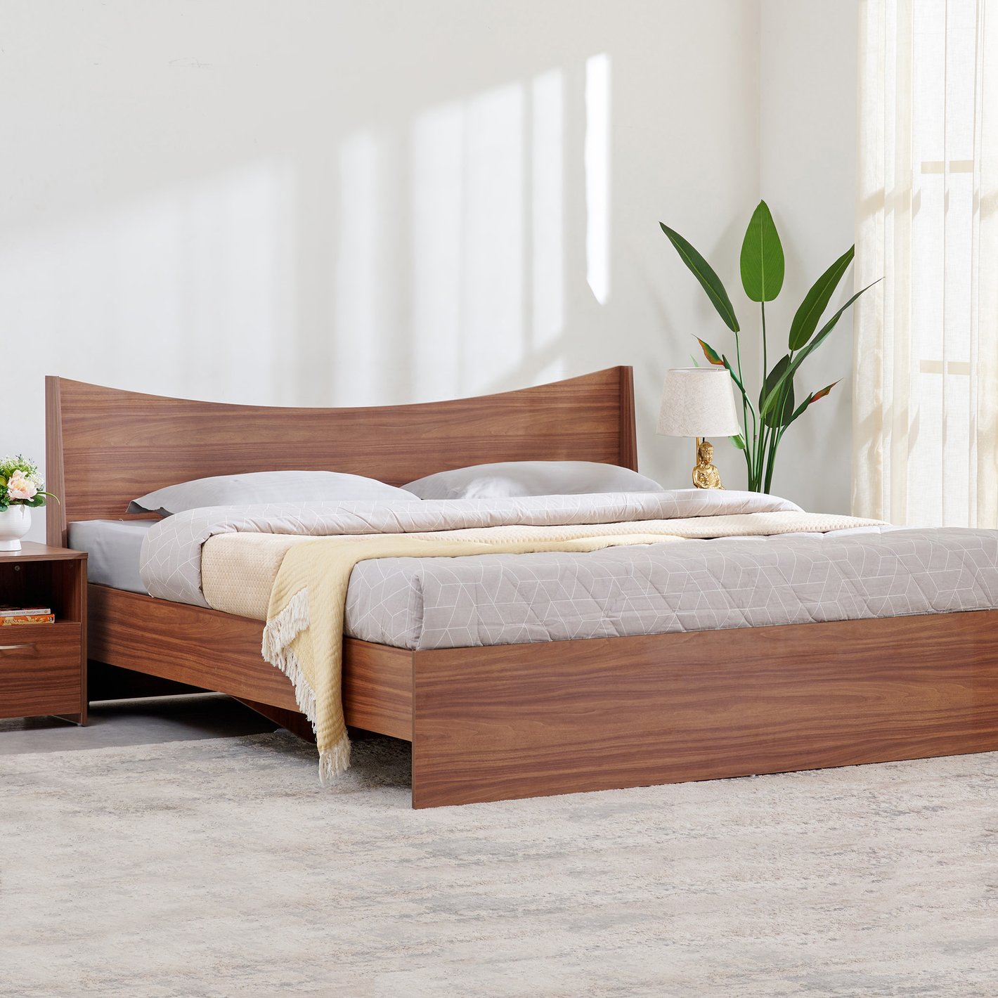 Mid-Century Modern Wooden Platform Bed with Curved Headboard
