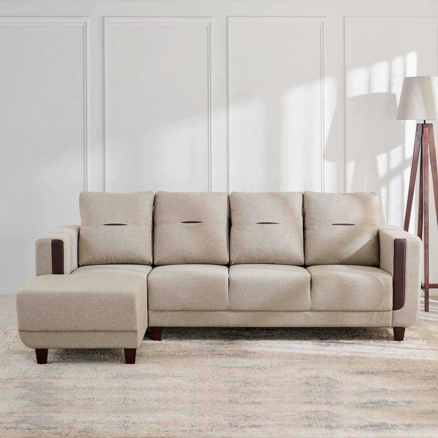 Contemporary Beige Sectional Sofa with Integrated Chaise ( L-shaped )