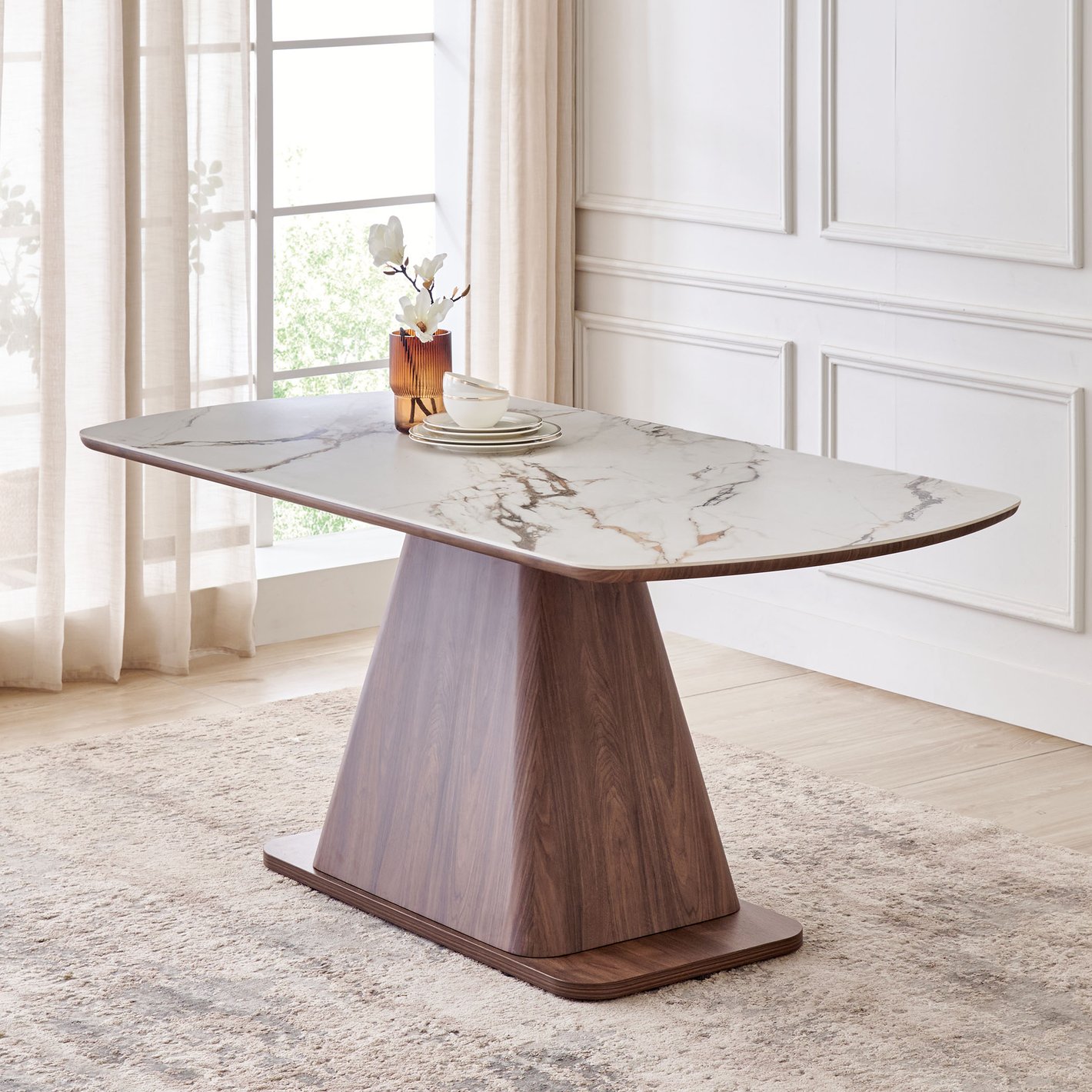Rectangular Wood-Look Pedestal Dining Table