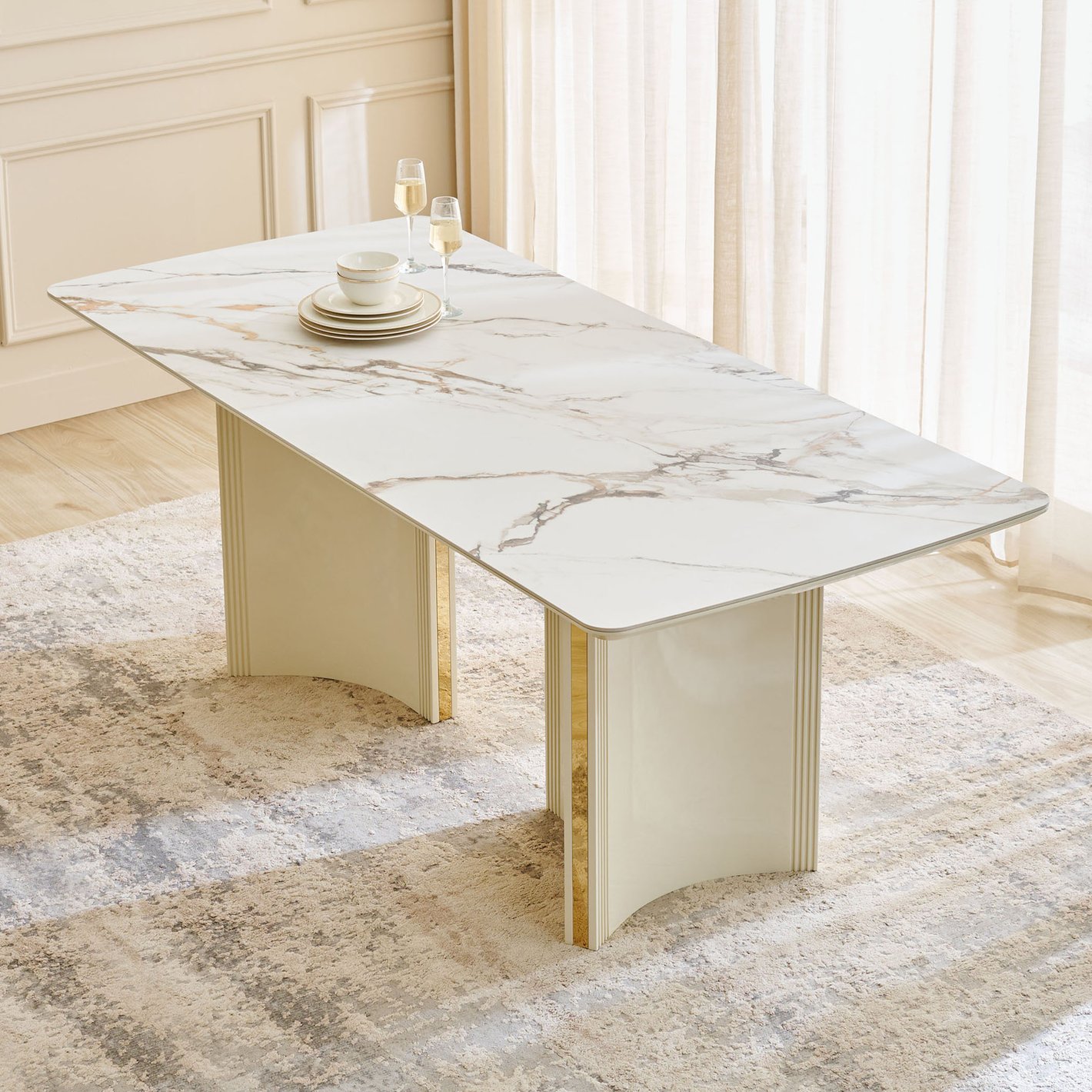 Rectangular White Marble-Look Pedestal Dining Table