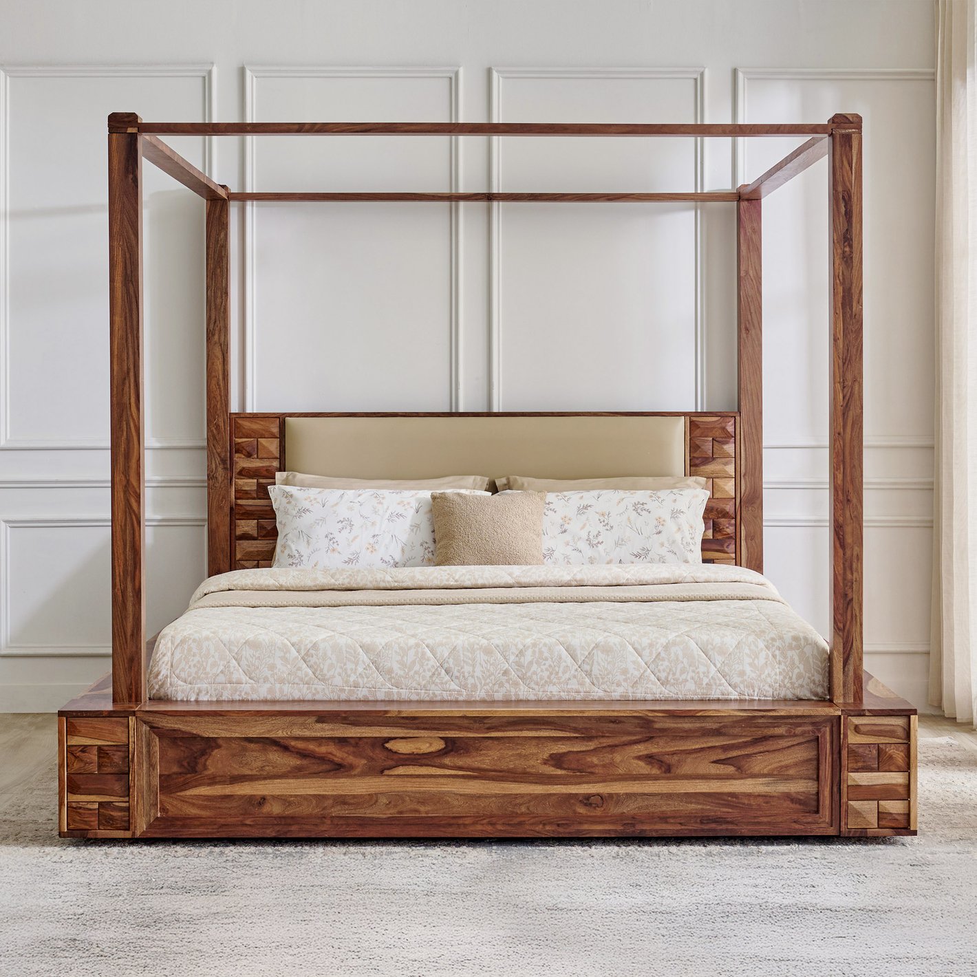 Majestic Wooden Canopy Bed with Storage