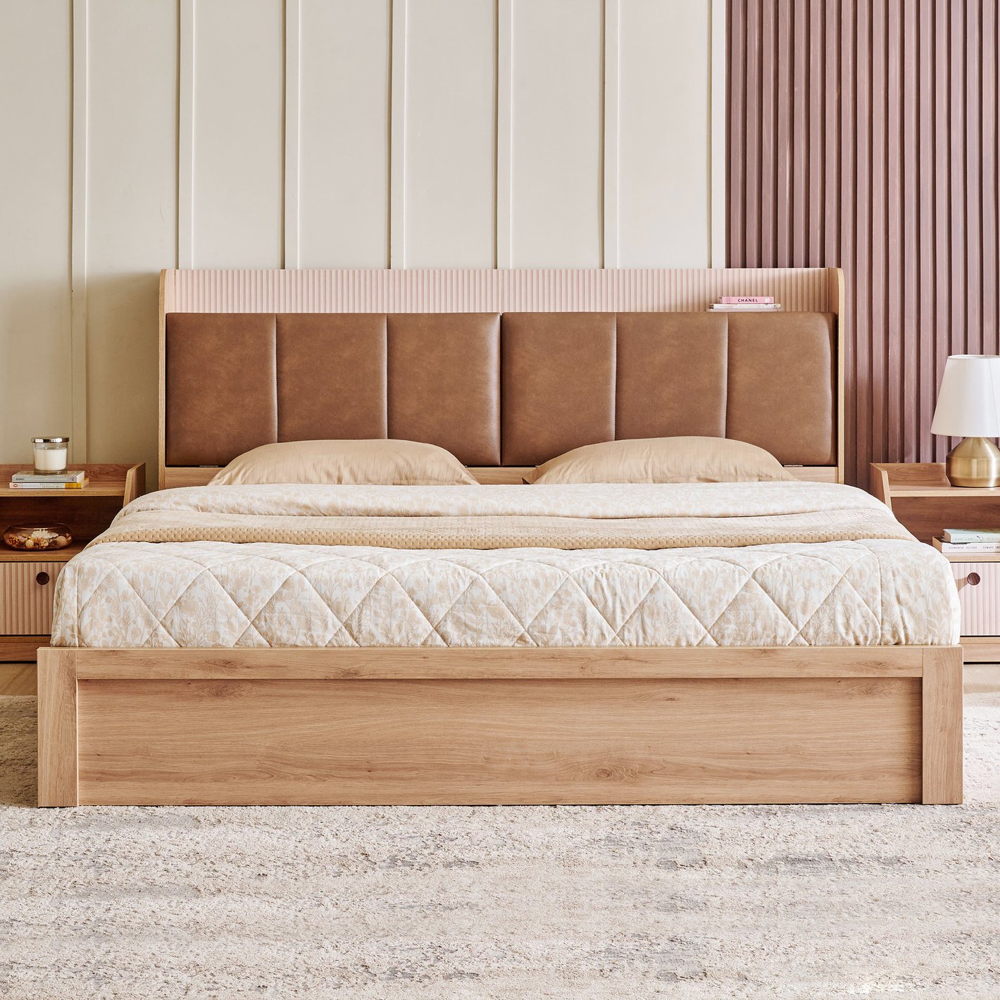 Modern Platform Storage Bed with Dual-Tone Headboard