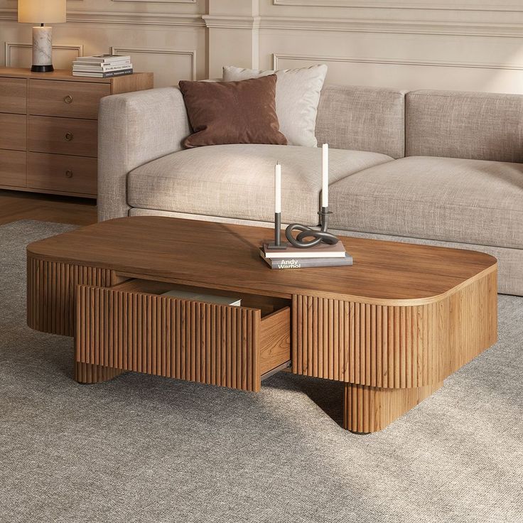 55 Inch Bianca Wood Coffee Tables with Grille Legs and 2 Drawers for Living Room
